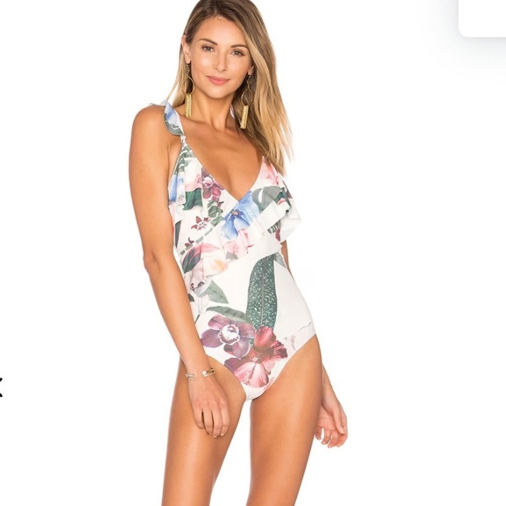 Lovers + Friends Tropical Oasis One Piece Swimsuit‎ Cream Size Large Ruffle
